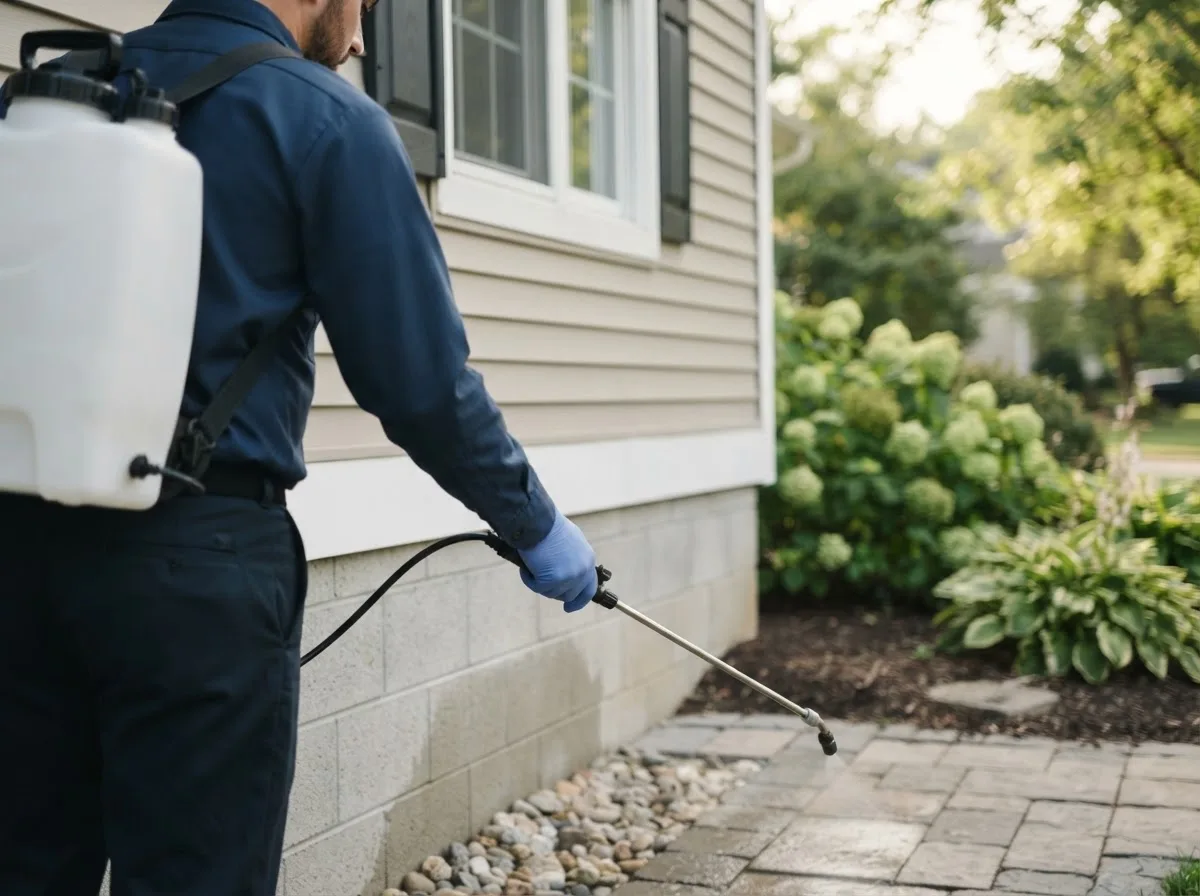 Pest control technician inspecting a home in Harviell, MO